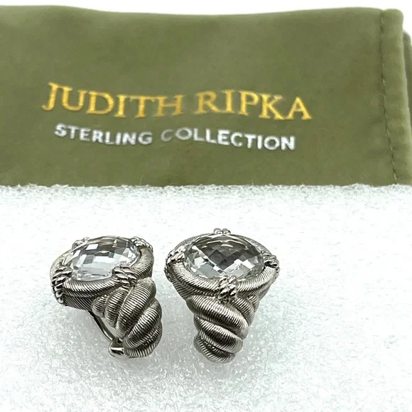 Judith Ripka Earrings Clear Quartz Sterling Silver Pierced Omega Clips  Earrings - Picture 10 of 14